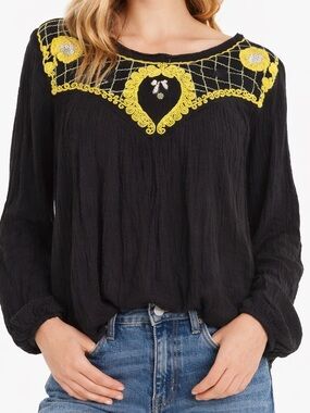 Free People Begonia Embroidered Yoke Boho Blouse Black Size Small